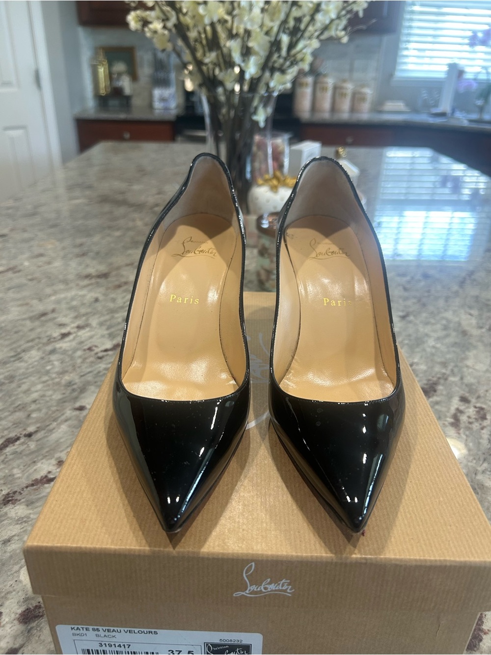 Christian Louboutin Kate 85 Black Patent Pointed-Toe Stiletto Pumps (3.3”heel)